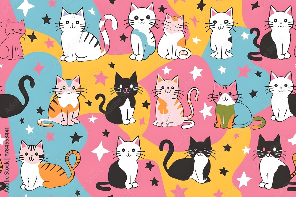 Paper, cute cat pictures, cartoon pictures, bright colors, gift wrapping paper, cats, Generative AI