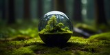 a crystal earth globe on a moss in a lush green forest. The image is showing how fragile the Earth is and how important it is to protect the environment . Happy Earth Day, World Environment Day