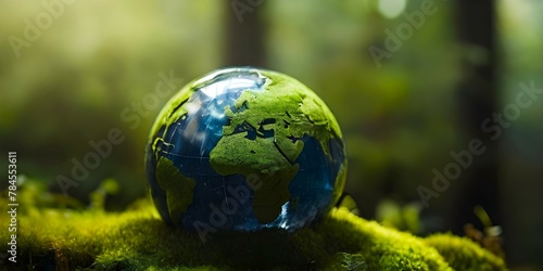 a crystal earth globe on a moss in a lush green forest. The image is showing how fragile the Earth is and how important it is to protect the environment . Happy Earth Day, World Environment Day