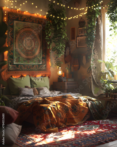 A cozy bedroom with a bed  rug  plants  and tapestry on the wall
