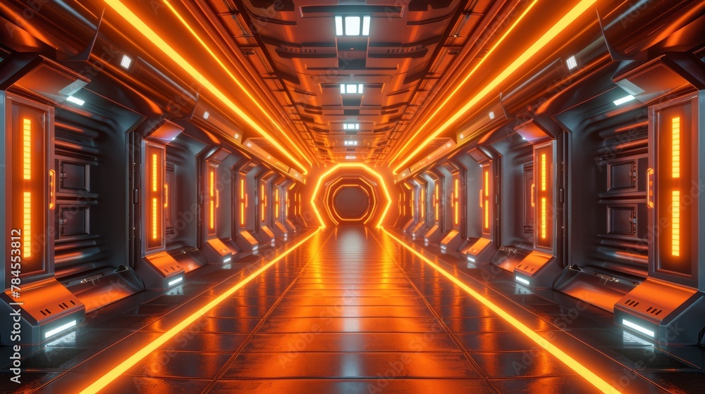 A render of a futuristic spaceship corridor with neon glowing orange background. This can be used for advertising, showroom, technology, futuristic, modern, sports, metaverse. Sci Fi illustration.