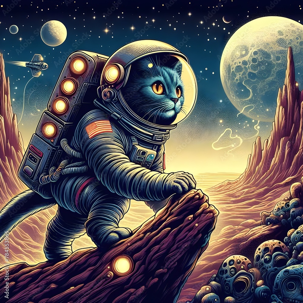 alien cat astronaut in space with the moon and other planets in ...