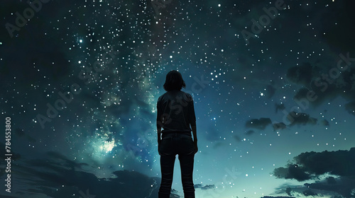 Ethereal Wonder in the Night Sky: A person standing under a mesmerizing night sky, gazing up in awe at the stars