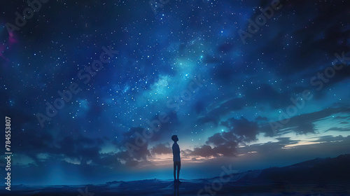 Ethereal Wonder in the Night Sky: A person standing under a mesmerizing night sky, gazing up in awe at the stars
