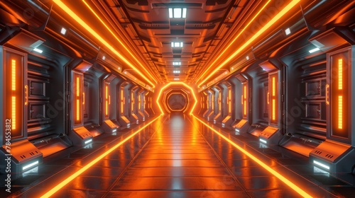 A render of a futuristic spaceship corridor with neon glowing orange background. This can be used for advertising, showroom, technology, futuristic, modern, sports, metaverse. Sci Fi illustration.