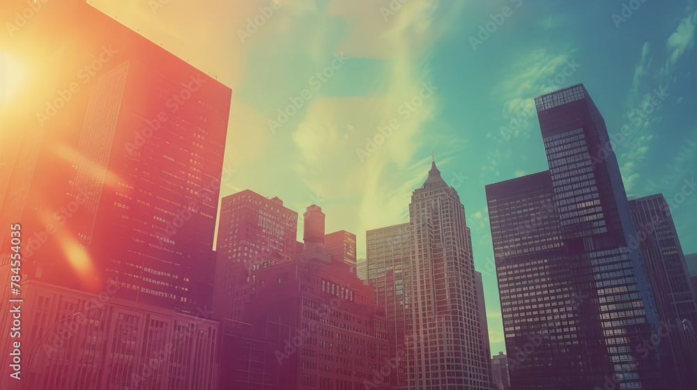 Obraz premium Retro Cityscape: Vintage Film Photograph of Urban Skyline in the 1990s