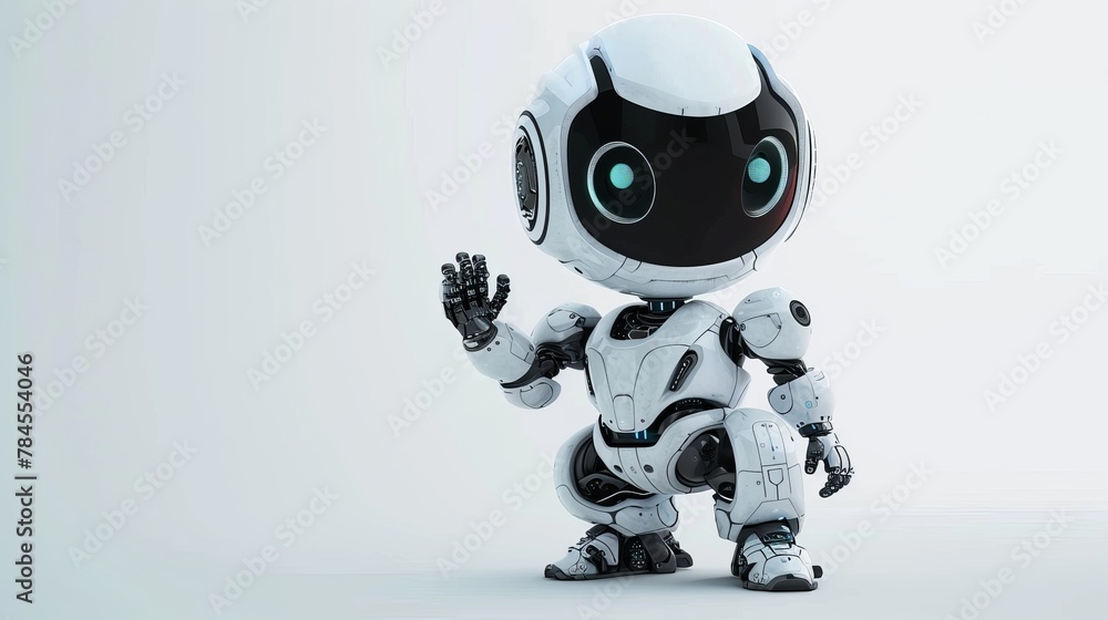 A cute robot is shown holding his hand up or saying hello against a white background. It is part of a technology concept.