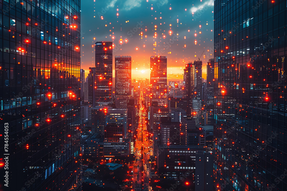 Radiant Sunset over Urban Business Nexus: A Symphony of Connectivity and Technology