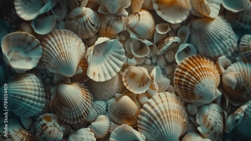 Close-up of seashell background. View from above. AI generative.