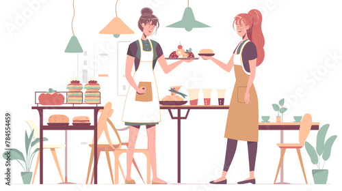Flat illustration of woman wearing a green apron  at a home kitchen bar counter