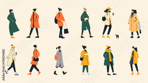 A set of people walking in flat illustrations with simple lines and colors in the vector illustration photo