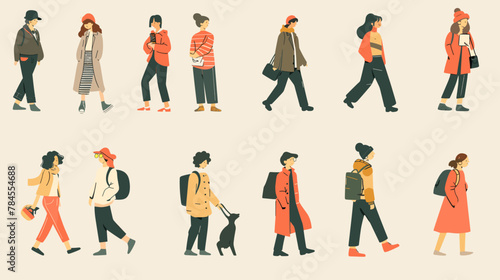 A set of people walking in flat illustrations with simple lines and colors in the vector illustration