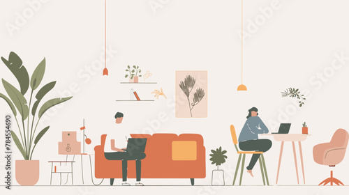 llustration of  a living room in a flat design aesthetic with simple lines and a minimalistic style photo