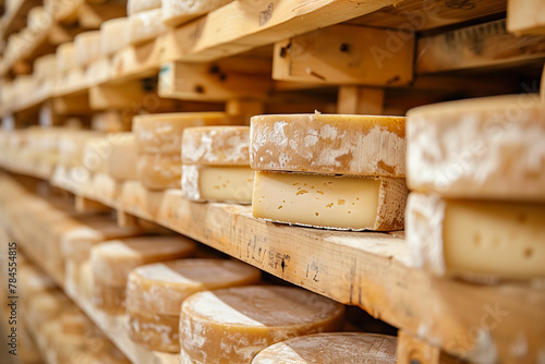 stack of cheeses in a cheese factory or dairy