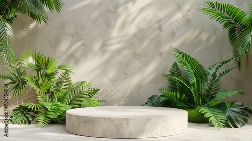 Background for product display with fern garden scene and natural beauty. 3D rendering. photo