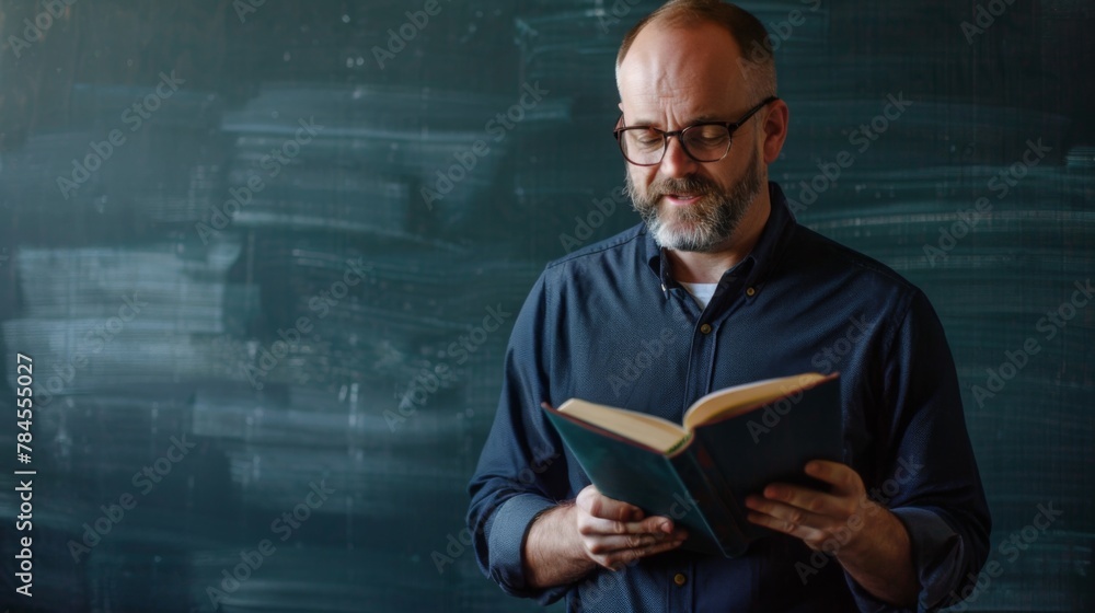 Man Holding Book in Front of Blackboard Man Holding Book in Front of Blackboard