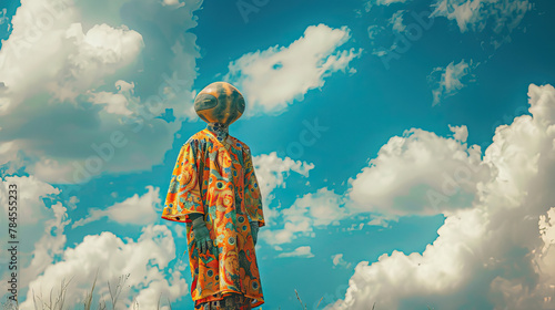 Offbeat Observer: Person in Peculiar Costume, Watching Clouds for Alien Signs.