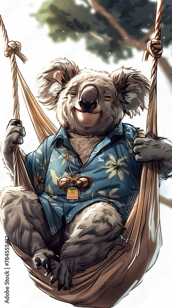 A koala in a Hawaiian shirt, lounging in a hammock between eucalyptus trees, depicted in relaxed, greentoned vector art