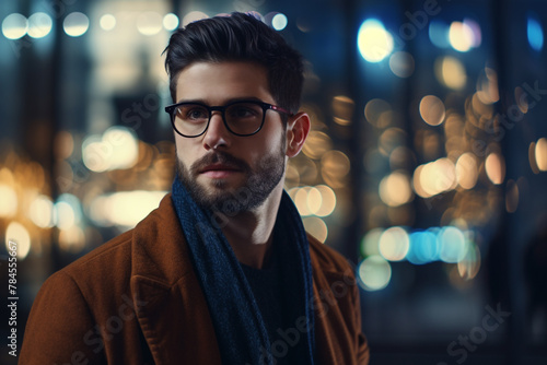 Close-up man with beard and glasses portrait. Man standing in night bokeh blurred view background