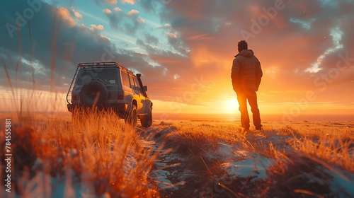 a man standing next to an suv, during sunrise