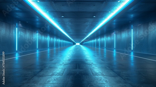 Blue wall with rays. Low angle illustration illustrating an empty corridor, parking lot, airport with ambient light. Abstract background with lines, concrete asphalt, and light reflections.
