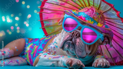 A bulldog in swim trunks and a floppy hat, napping under an umbrella, illustrated in bold, bright vector colors photo