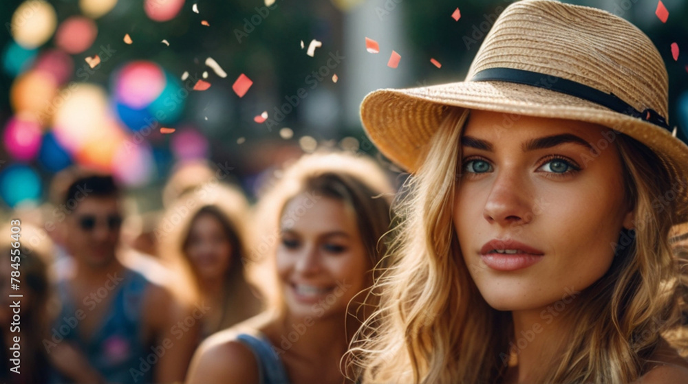 Portrait of an attractive young girl wearing a hat on the summer party Portrait of an attractive young girl wearing a hat on the summer party