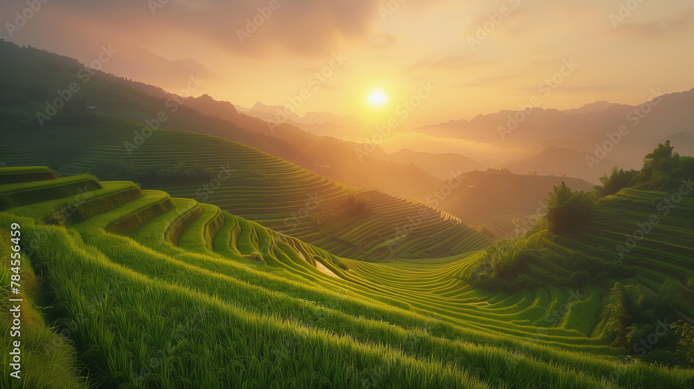 Sunrise over terraced rice fields in rural China, capturing the harmony of traditional agriculture and the beauty of the Chinese countryside.