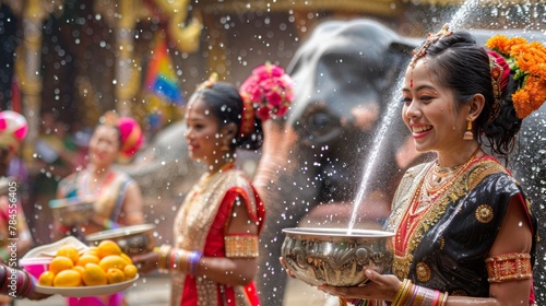 Vibrant Thai Songkran festival women in traditional silk dresses