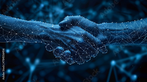 Symbolizing partnership in the digital era, an abstract image features two hands engaging in a handshake, formed by a digital network of connections.