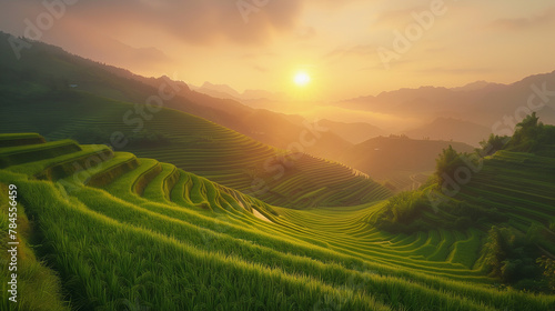 Sunrise over terraced rice fields in rural China, capturing the harmony of traditional agriculture and the beauty of the Chinese countryside.