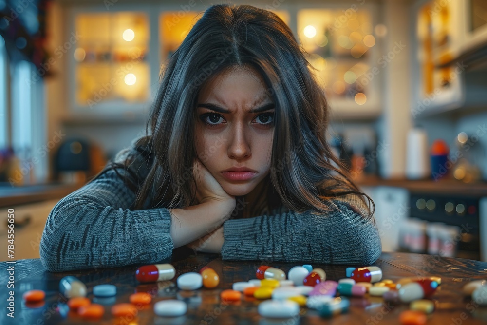 The woman uneasy expression is reflected in the scattered pills and bottles on the nearby table The woman uneasy expression is reflected in the scattered pills and bottles on the nearby table