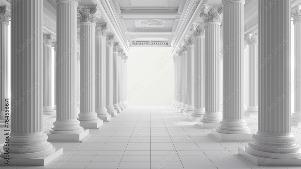 Symmetrical row of white columns in hallway creates an atmospheric art piece Symmetrical row of white columns in hallway creates an atmospheric art piece
