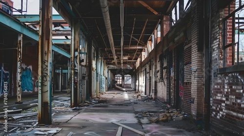 An abandoned industrial hallway tells a silent story through its decay and graffiti-adorned walls