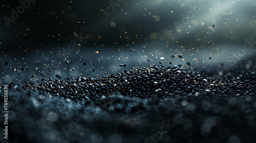 Black sesame seeds scattered on dark surface, moody vibe, space for text