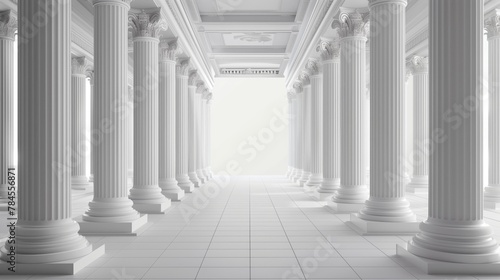 Symmetrical row of white columns in hallway creates an atmospheric art piece
