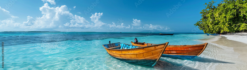 Beach boats at tropical island lagoon, peaceful sea view, copy space