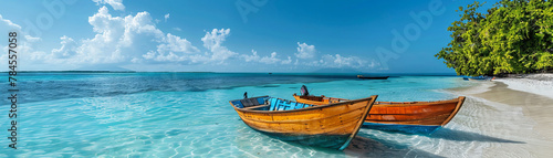 Beach boats at tropical island lagoon, peaceful sea view, copy space photo