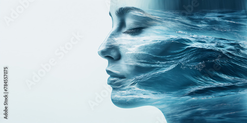Abstraktes Profil einer Frau das in blaue Wellen eines Ozeans übergeht mit Doppelbelichtungseffekt auf weißem Hintergrund, Konzept für Umweltbewusstsein und World Ocean Day
