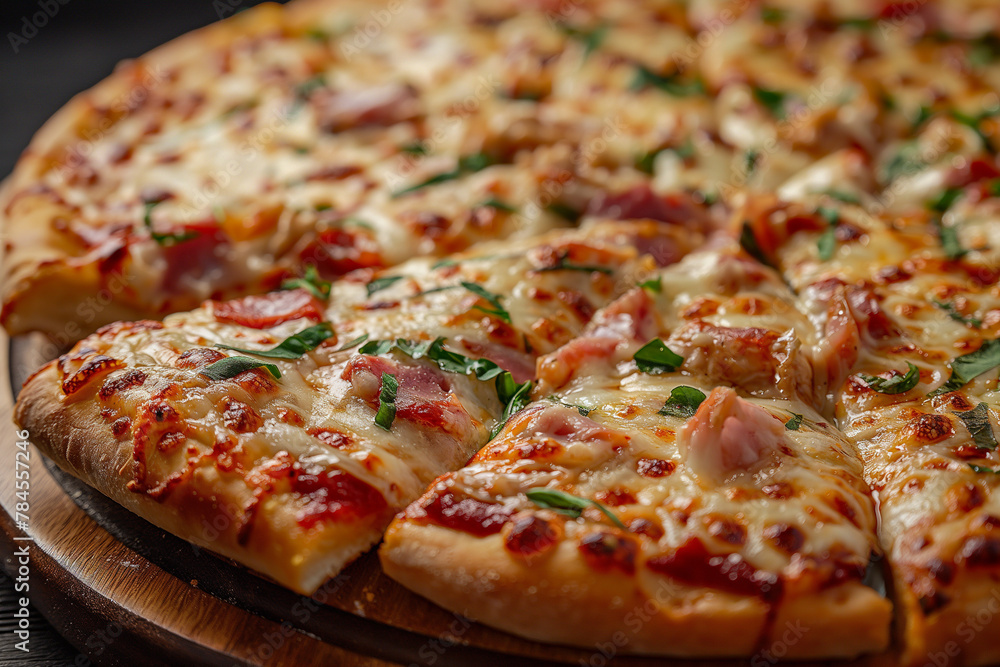 Slice of hot pizza large cheese lunch or dinner crust seafood meat topping sauce. Slice of hot pizza large cheese lunch or dinner crust seafood meat topping sauce.