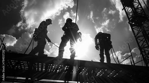 Commercial photo of ironworkers as silhouettes, engaged in heavy construction, wide view