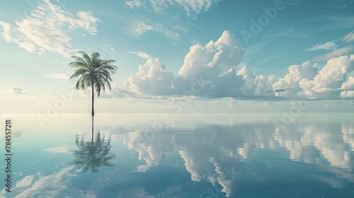 Serene seascape with single palm tree and reflective water under cloud-filled sky