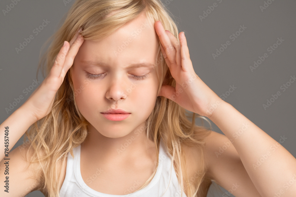 headache. little girl with long blonde hair stands on a gray background and holds her head with her hands, close-up, illness concept