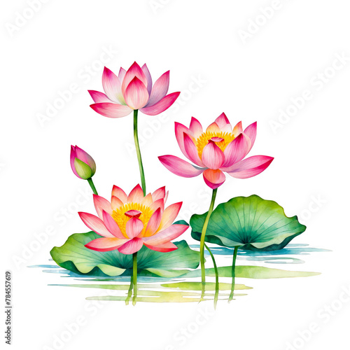 Lotuses in pond with lily pads, leaves floral watercolor illustration, clipart isolated nature water, decorative element for cards wall arts