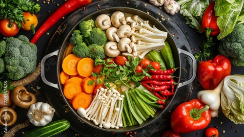 Flavorful vegetarian hotpot, showcasing a vibrant palette of fresh vegetables