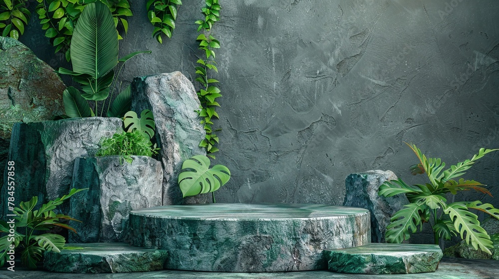 Green pedestal stone podium, summer 3D render, abstract rock and leaf scene, product stage, copy space Green pedestal stone podium, summer 3D render, abstract rock and leaf scene, product stage, copy space