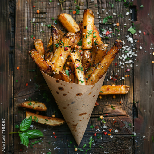 A colorful overhead shot of fries served in a cone-shaped paper holder, placed on a rustic wooden table with scattered herbs and spices.