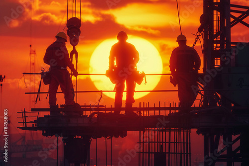 Ironworkers silhouette against a setting sun, wide shot emphasizing industrial might photo