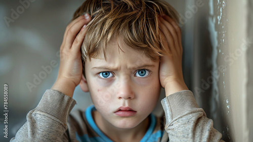 Little boy in corner, hands over ears, sad and scared, bullying environment, copy area
