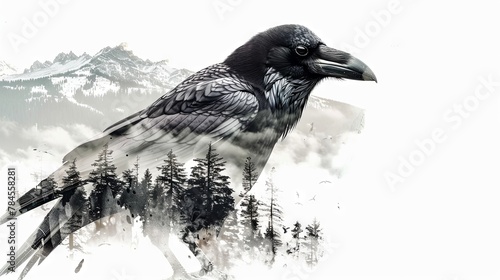 Majestic raven over misty forest landscape in monochrome